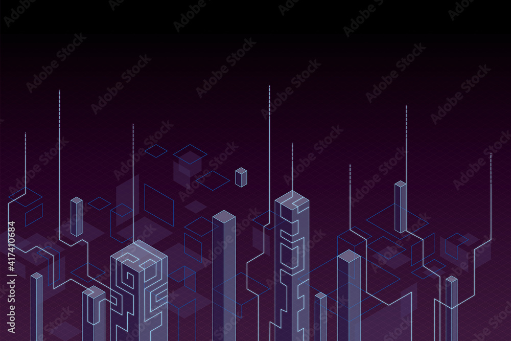 Poster wallpaper with megapolis skyscrapers layout by digital geometric forms on dark background