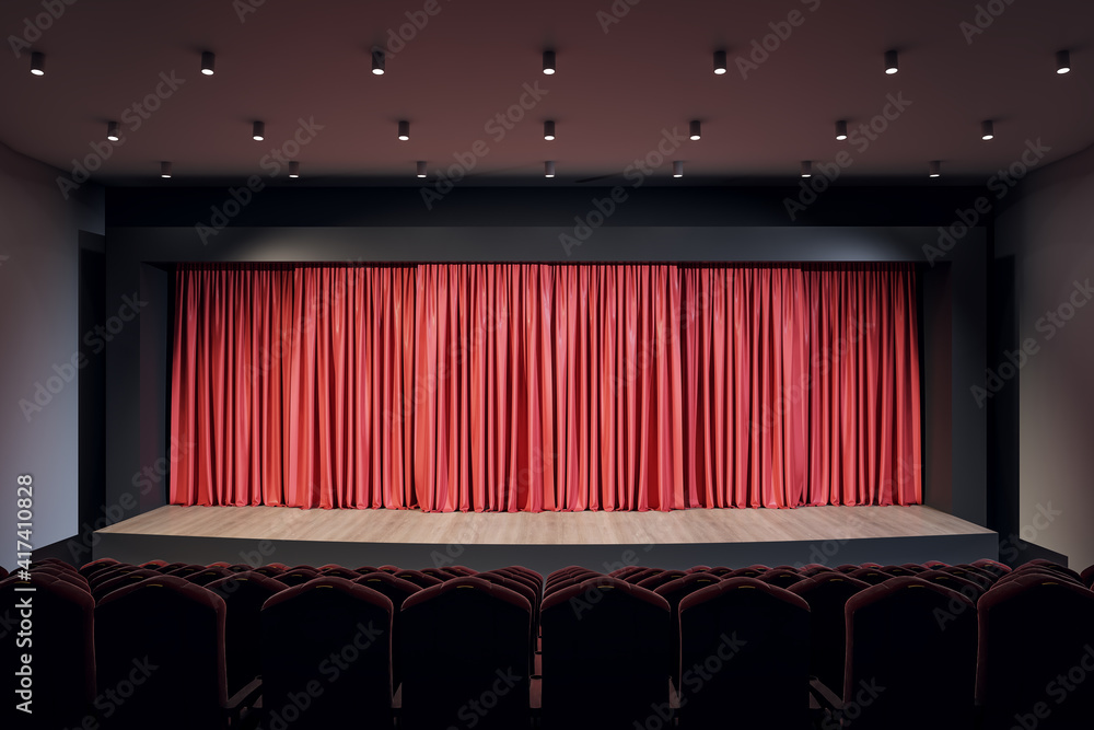Aufkleber Front view on empty scene with red curtains, rows of seats and lights on top