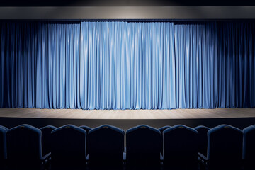Spotlight on theater empty hall stage with blue curtains, rows of blue velvet seats and lights on...
