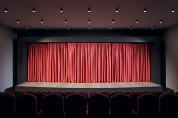 Front view on empty scene with red curtains, rows of seats and lights on top