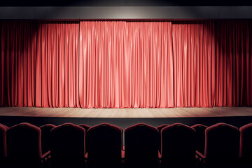 Empty theater hall with wooden stage, red curtains and row of seats