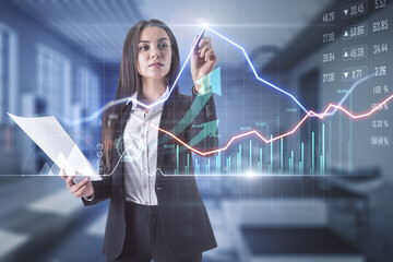 Business analysis concept with businesswoman writing on digital board with financial graphs, diagram and candlestick