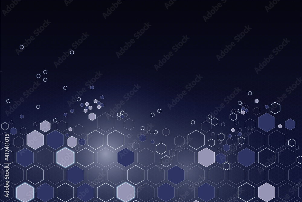 Poster light and purple technology honeycombs on abstract dark background