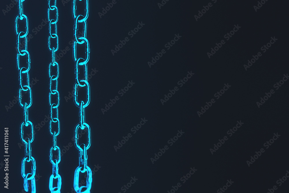 Poster blockchain cryptocurrency global network technology concept with blue chain on dark background