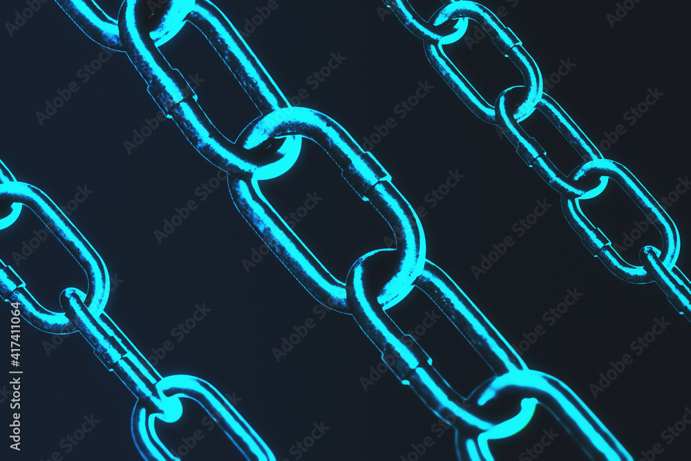 Poster blockchain global network technology concept with digital blue chain on abstract dark background