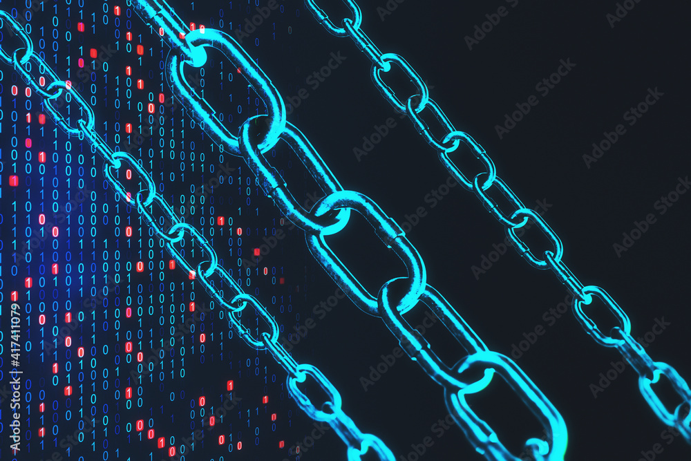 Aufkleber Blockchain hi-speed internet technology concept with digital blue chain and innovation binary code background