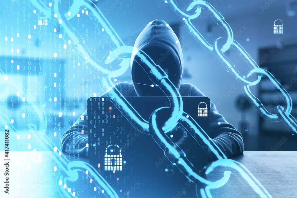 Leinwandbilder Internet security and data protection concept with noface hacker with laptop and digital screen with chain, coding numbers and locks