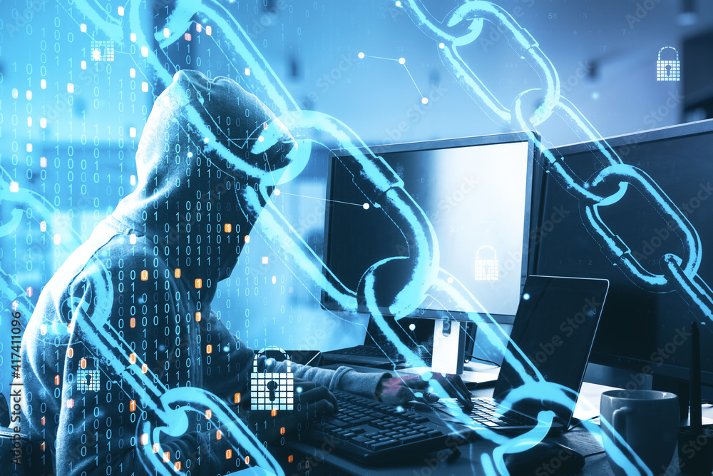Leinwandbilder Cybersecurity and global communication concept with digital chain, binary code and locks at hacker silhouette with laptop and computer background