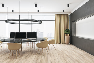 Modern workplace in coworking office with minimalistic interior design, big window, white wall...