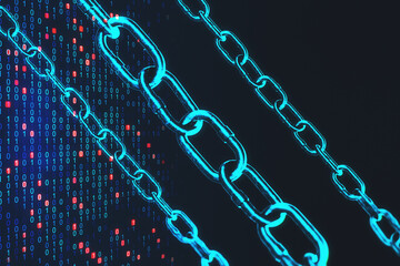 Fototapeta na wymiar Blockchain hi-speed internet technology concept with digital blue chain and innovation binary code background