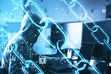 Cybersecurity and global communication concept with digital chain, binary code and locks at hacker silhouette with laptop and computer background