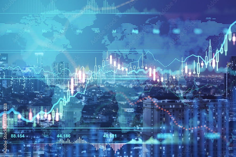Poster world business investment concept with digital screen with financial rising candlestick and map sche