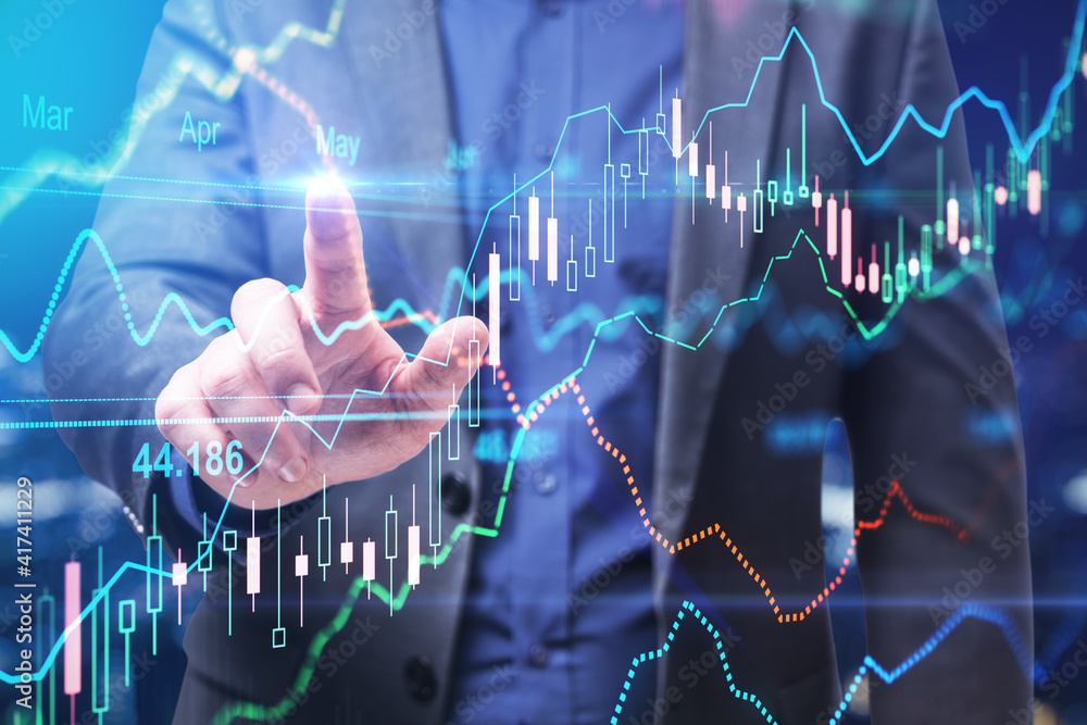 Poster business investment concept with businessman touching digital display with financial chart graphs, d