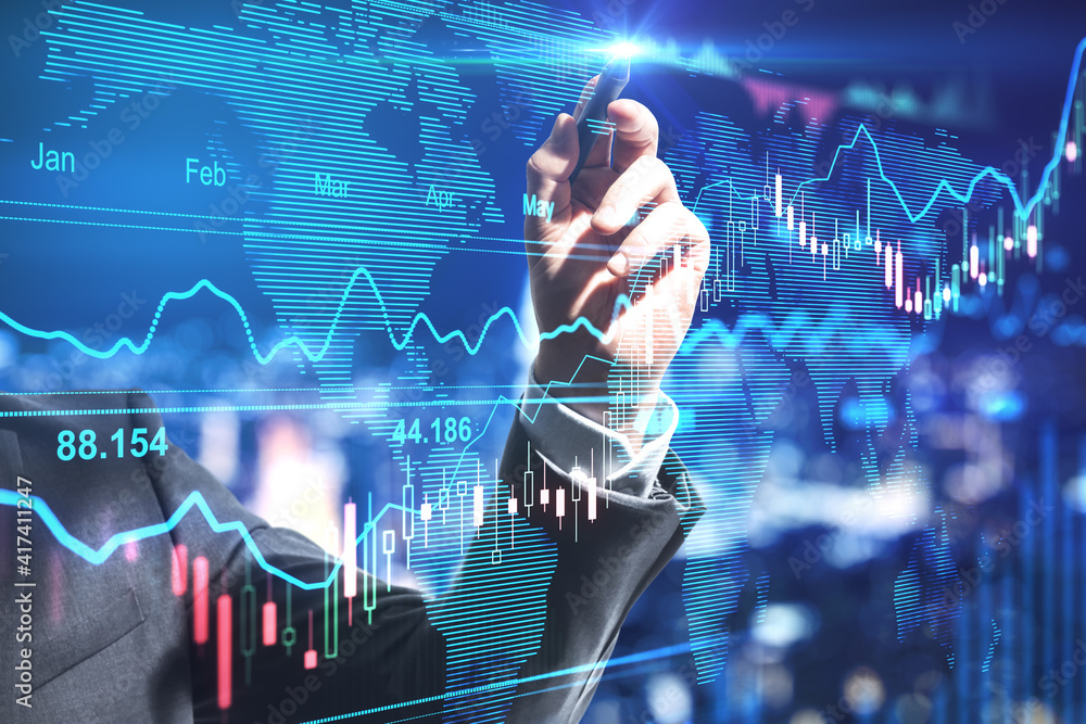 Poster Forex market changes analysis concept with trader hand writing on digital display with financial chart indicators