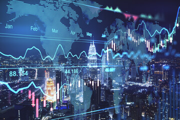 Global stock market concept with digital voard woth financial chart graphs, diagram and world map at Kuala Lumpur skyscrapers background, Malaysia