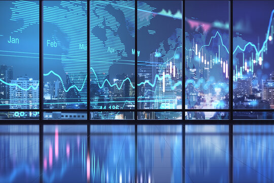 Global stock market concept with digital glowing screen with world map scheme, diagram and financial indicators and view from empty hall - Powered by Adobe