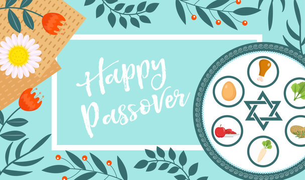 Passover greeting card, poster, invitation, flyer. Pesach template for your design with matzah and spring flowers. Happy Passover inscription. Jewish holiday background. Vector illustration