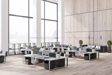 High ceiling eco style interior open space office with wooden floor and walls, black and white...