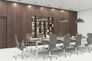 Modern stylish meeting room with brown wooden wall, big conference table and comfortable chairs...