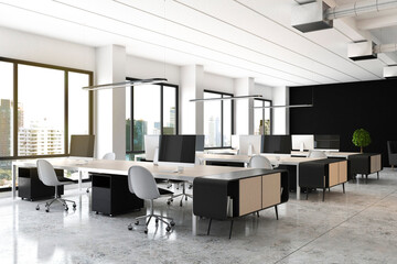 Open space office with modern wooden furniture, computers on tables, glossy floor and big window with city view