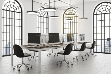 Side view on stylish minimalistic interior design conference room with black and white furniture...