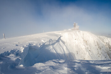 scenic view on Sniezne Kotły valley in Giant mountains during winter in Poland