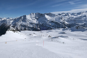 Fototapeta na wymiar Alpine mountain ski resort in La Thuile, Aosta Valley, Italy