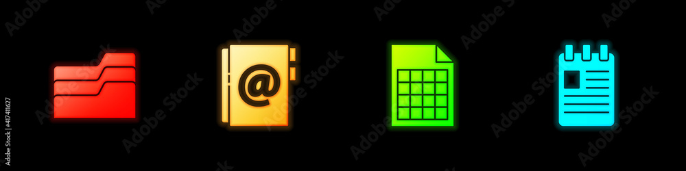 Poster set document folder, address book, file document and spiral notebook icon. vector.