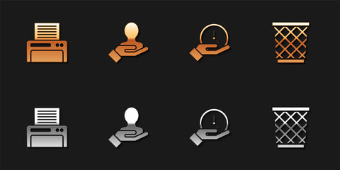 Set Printer, Hand for search a people, Clock and Trash can icon. Vector.