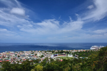 Roseau town landscape and ocean, Dominica island.