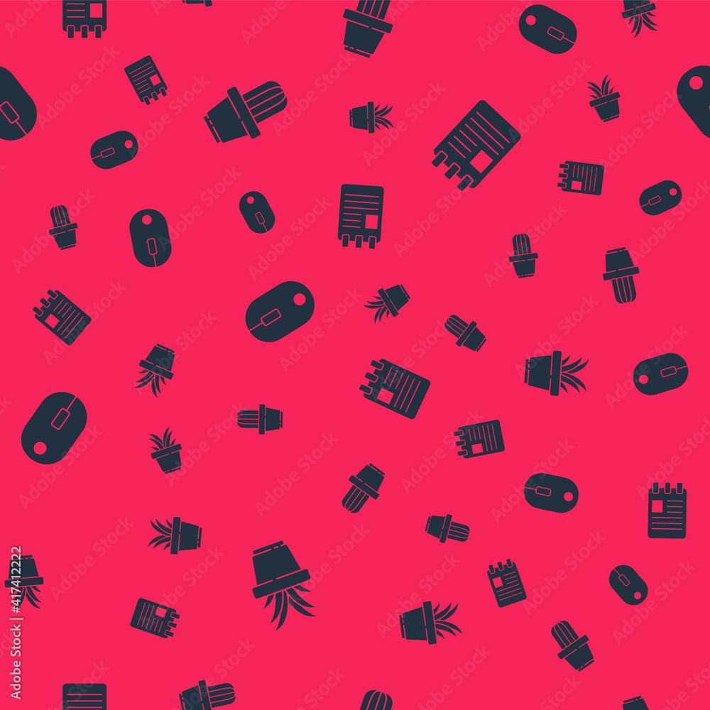 Poster set plant in pot, cactus and succulent, computer mouse and spiral notebook on seamless pattern. vect