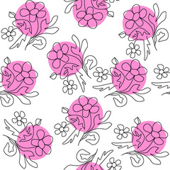 Seamless pattern of abstract flowers and pink circles on a white background for textile.
