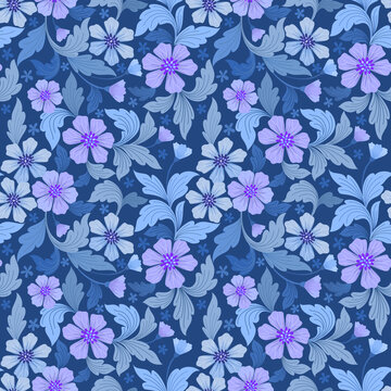 Abstract blue flowers seamless pattern background, Seamless flower with monochrome blue.