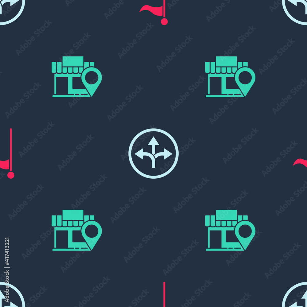 Poster set location marker, road traffic sign and with store on seamless pattern. vector.
