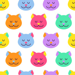 Seamless pattern of cute cat's head icons. Easter symbol. Six cartoon kitten animals of pastel colors on white background. Kawaii characters for cat’s day, baby shower design. Vector illustration