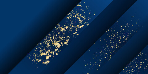 Modern simple dark navy blue and gold glitter abstract stripes background with copy space and 3d concept. Magic night dark blue sky with sparkling stars. Gold glitter powder splash vector background. 