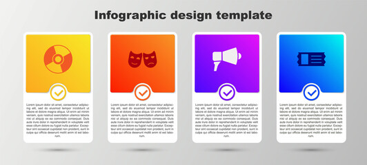 Set CD or DVD disk, Comedy and tragedy masks, Megaphone and Cinema ticket. Business infographic template. Vector.