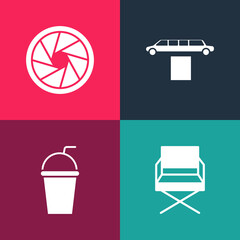 Set pop art Director movie chair, Paper glass with straw, Limousine car and carpet and Camera shutter icon. Vector.