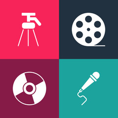 Set pop art Microphone, CD or DVD disk, Film reel and Tripod icon. Vector.
