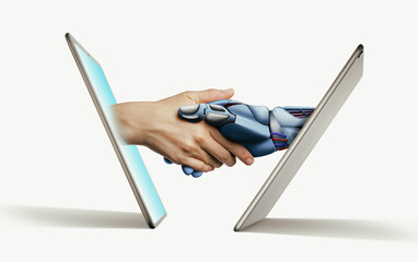 The handshake human with artificial intelligence via digital tablet and smartphone. Artificial...