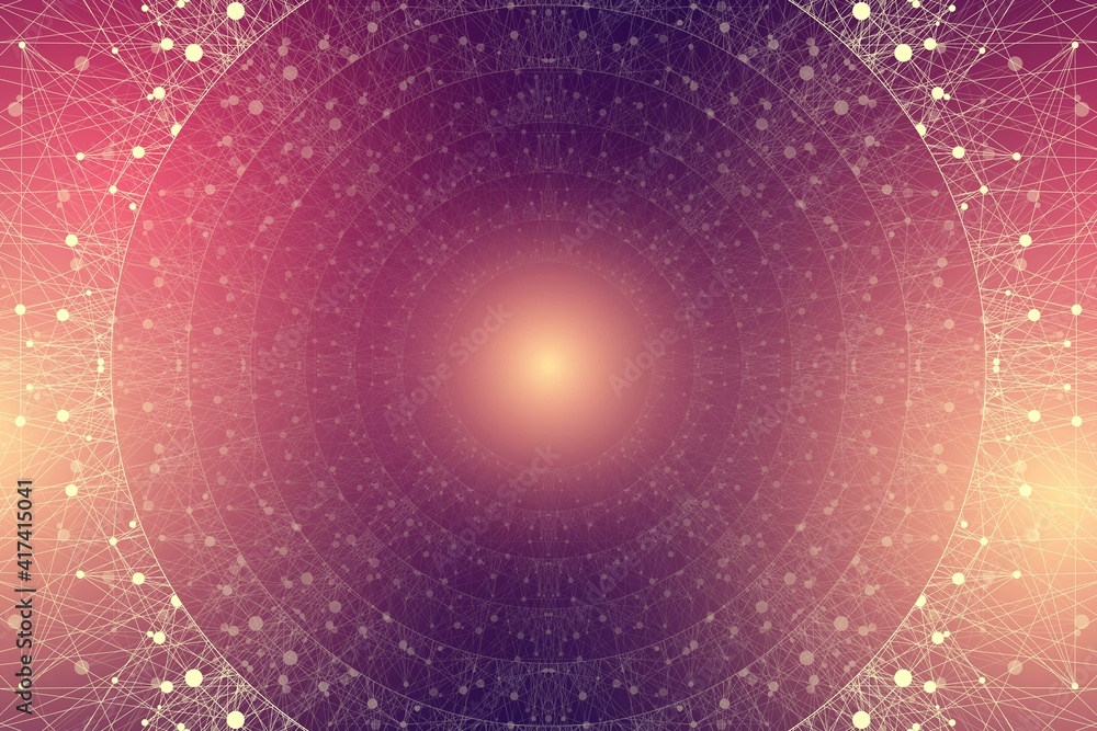 Poster Geometric abstract background tunnel or wormhole with connected line and dots. Futuristic wormhole 3d space time portal visualization. Wireframe tunnel grid texture background illustration