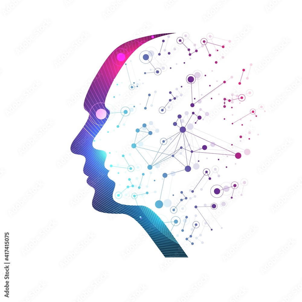 Poster Futuristic Artificial Intelligence and Machine Learning Concept. Human Big Data Visualization. Wave Flow Communication, Scientific illustration.