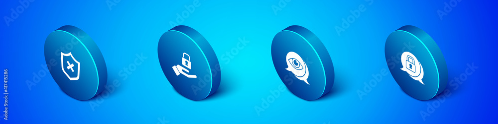 Poster set isometric shield with cross mark, eye scan, cyber security and lock in hand icon. vector.