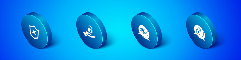 Set Isometric Shield with cross mark, Eye scan, Cyber security and Lock in hand icon. Vector.