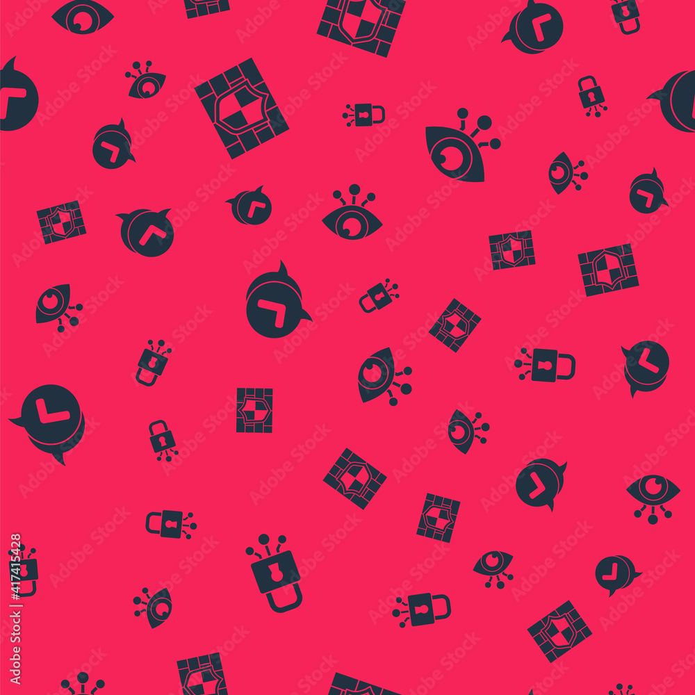 Poster set cyber security, shield with brick wall, check mark in speech bubble and eye scan on seamless pat