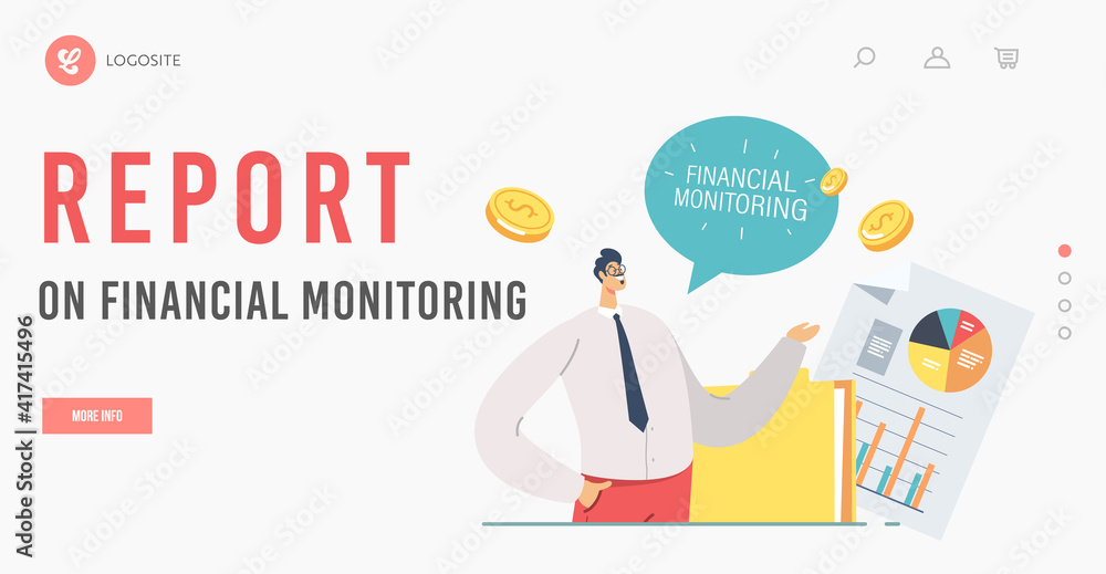 Poster financial monitoring report landing page template. business meeting, project presentation. data anal