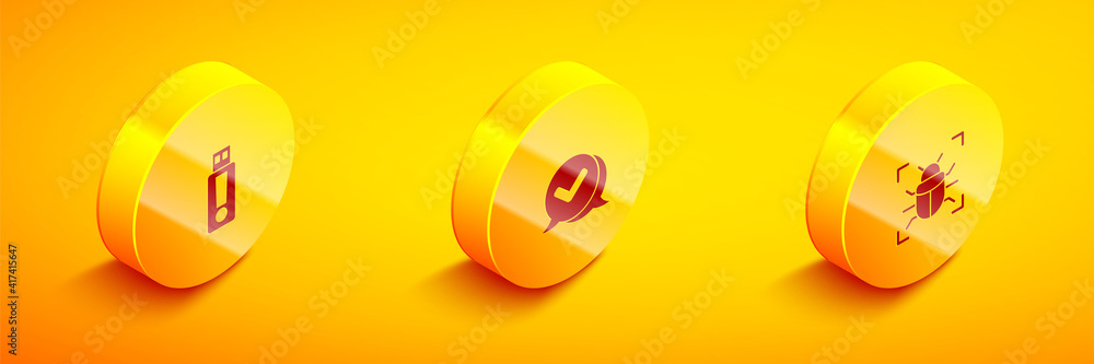 Poster set isometric usb flash drive, check mark in speech bubble and system bug icon. vector.