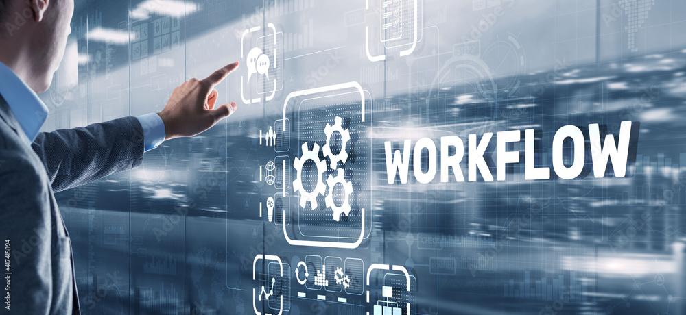Poster workflow repeatability systematization buisness process. business technology internet