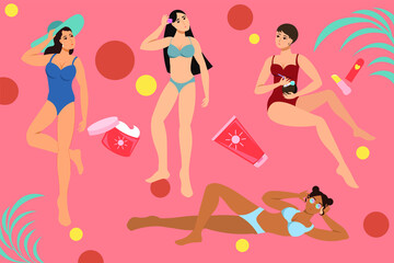 Obraz na płótnie Canvas set of beautiful girls in swimwear. Sunscreen advertisement 