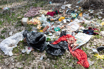 Illegal dumping of household rubbish on spring meadow